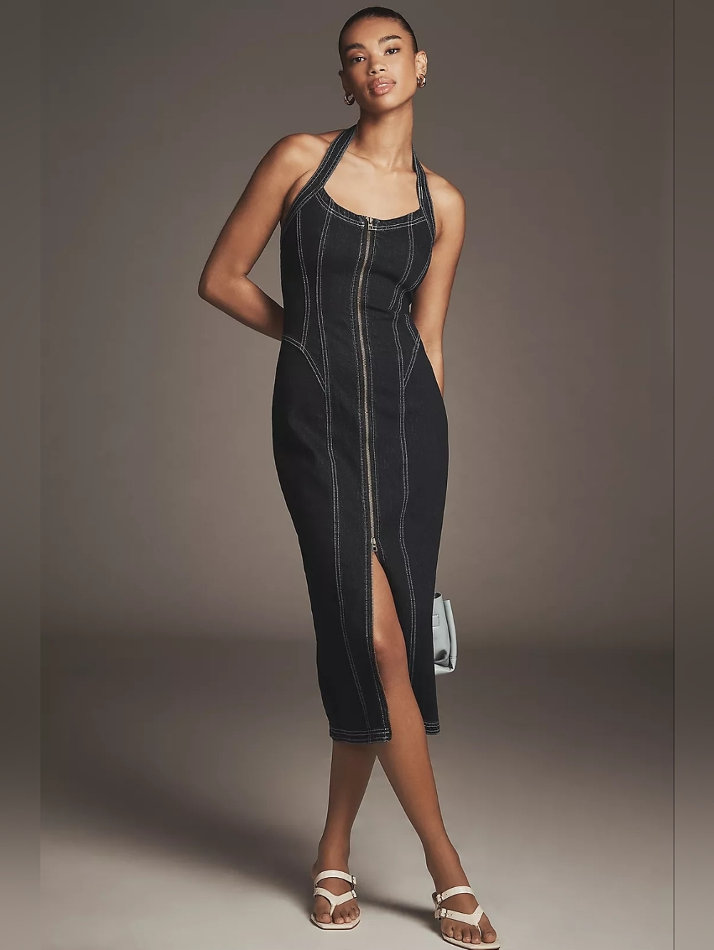 Anthropologie Pilcro Front-Zip Corset Halter Dark Denim Midi Dress